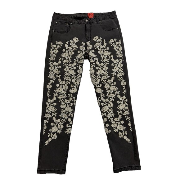 V Cristina Denim - V Cristina Embroidered Jeans Womens 12 Black Floral High Rise Skinny Ankle Artsy